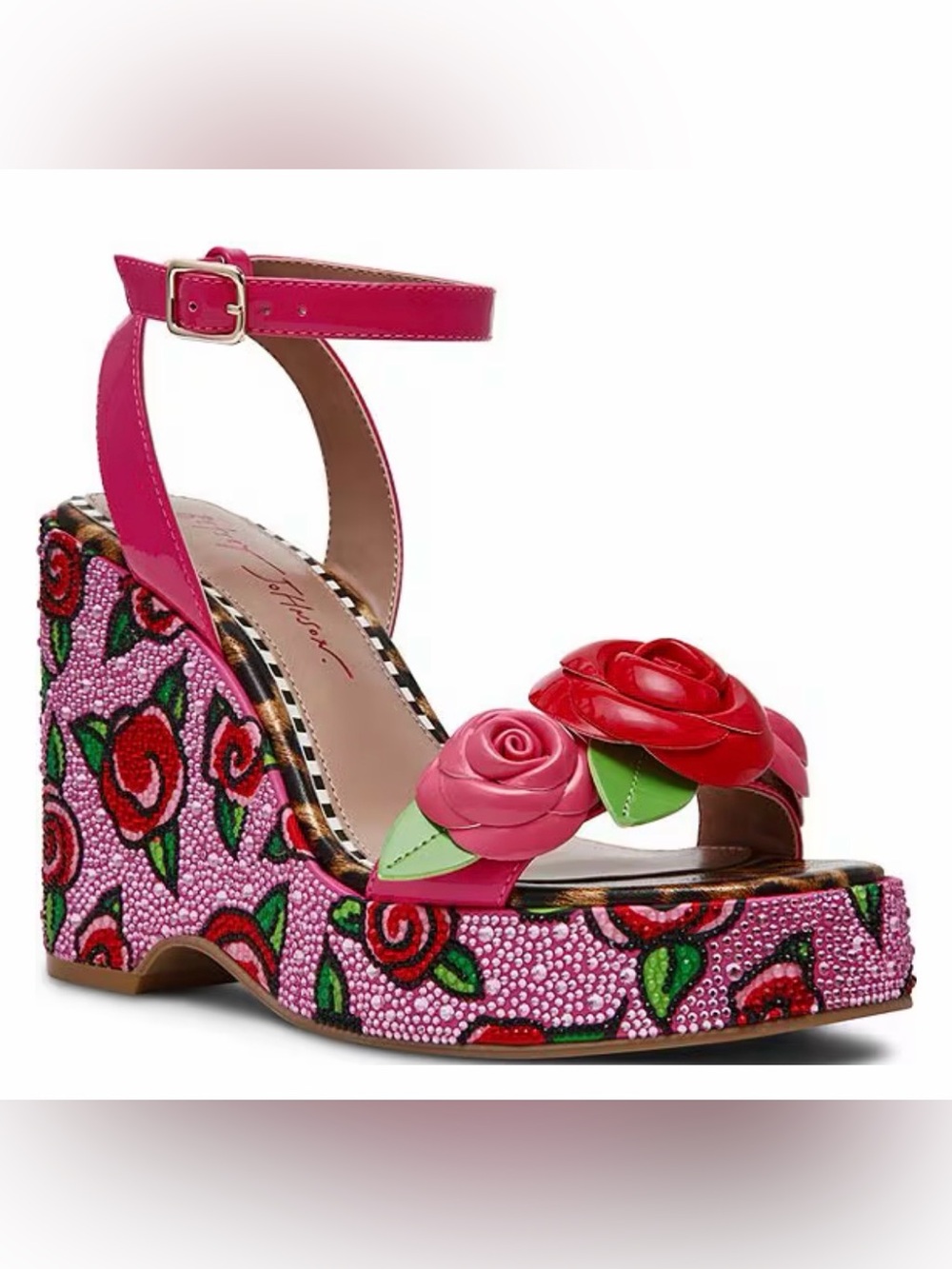 Betsey Johnson Lizzete Pink Floral Beaded Wedge Sandal with Rose Appliqués